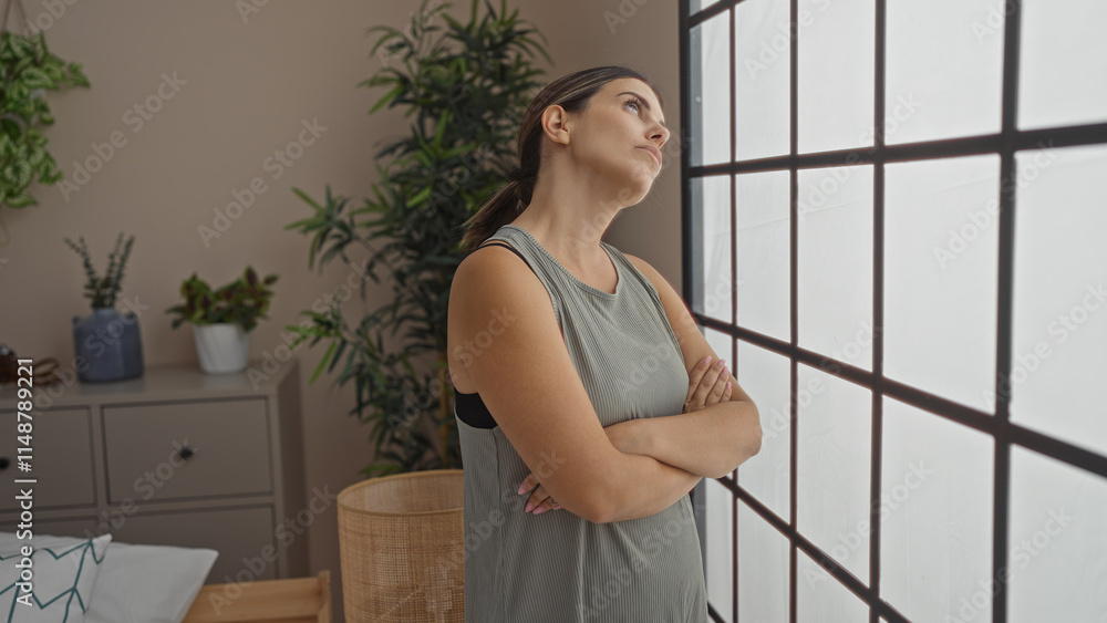 Brunette woman stands thoughtfully by a window in a stylish bedroom, surrounded by lush plants, evoking a serene indoor atmosphere in her home Brunette woman stands thoughtfully by a window in a stylish bedroom, surrounded by lush plants, evoking a serene indoor atmosphere in her home