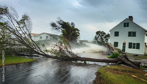 A scene of a hurricane with huge winds and rain, uprooting trees and blowing roofs off houses.