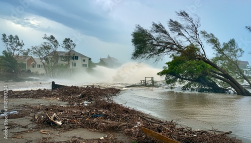 A scene of a hurricane with huge winds and rain, uprooting trees and blowing roofs off houses.