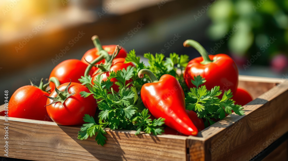 Wooden crate with fresh tomatoes, peppers, and parsley Wooden crate with fresh tomatoes, peppers, and parsley
