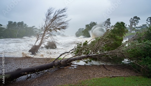A scene of a hurricane with huge winds and rain, uprooting trees and blowing roofs off houses.