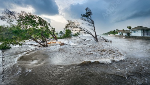 A scene of a hurricane with huge winds and rain, uprooting trees and blowing roofs off houses.