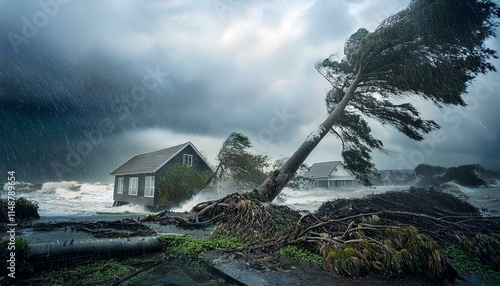 A scene of a hurricane with huge winds and rain, uprooting trees and blowing roofs off houses.