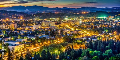Bokeh Lights over Eugene, Oregon Cityscape at Night