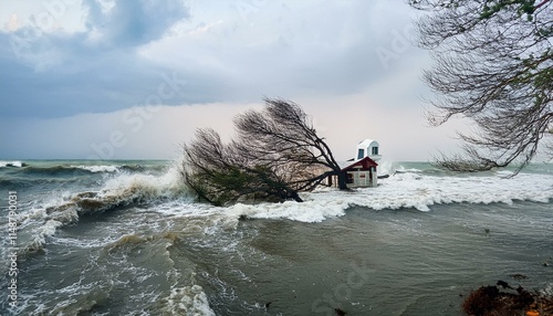 A scene of a hurricane with huge winds and rain, uprooting trees and blowing roofs off houses.