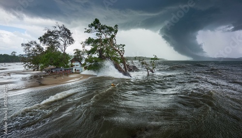 A scene of a hurricane with huge winds and rain, uprooting trees and blowing roofs off houses.