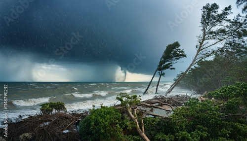 A scene of a hurricane with huge winds and rain, uprooting trees and blowing roofs off houses.