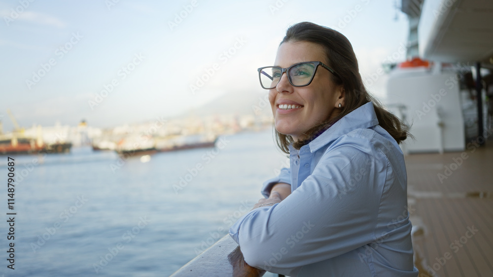 Hispanic woman smiling on a cruise ship's outdoor deck with a scenic view of the docked ships in the background, enjoying the beautiful maritime landscape. Hispanic woman smiling on a cruise ship's outdoor deck with a scenic view of the docked ships in the background, enjoying the beautiful maritime landscape.