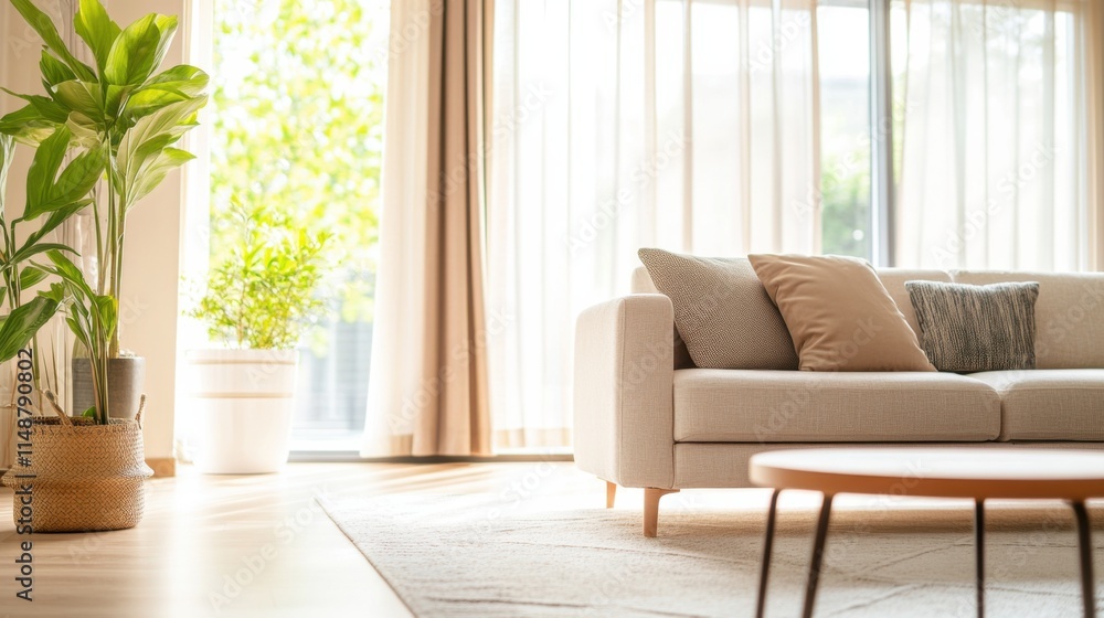 Fototapeta premium Modern minimalist living room with a light, uncluttered setup. Featuring soft tones and streamlined furniture