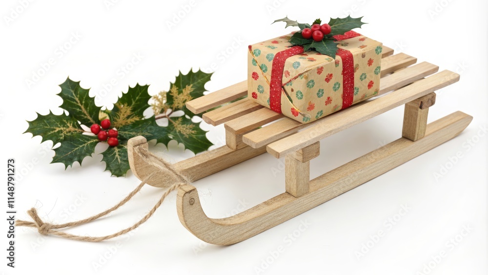 Wooden Sled Decorated with Holly and Gift Box for Winter Holidays Wooden Sled Decorated with Holly and Gift Box for Winter Holidays