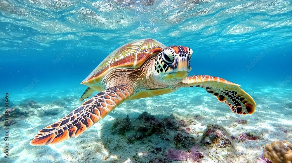 Obraz premium Tropical breeze wildlife concept. A sea turtle swimming gracefully underwater.