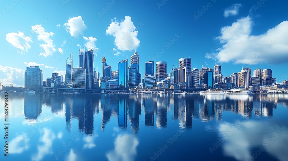 Stunning cityscape reflected in calm water under a bright blue sky. Stunning cityscape reflected in calm water under a bright blue sky.