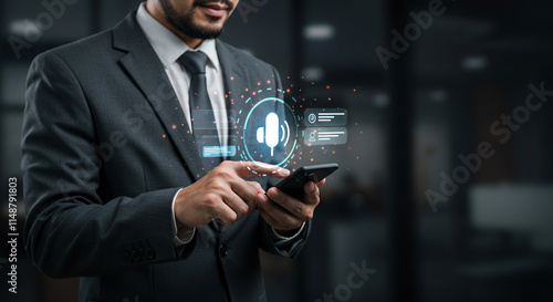 Voice Recording and Use AI Enabled Internet Search for Easy Access to Information. Businessman using smartphone with voice icon on virtual screen for conversation with AI chatbot