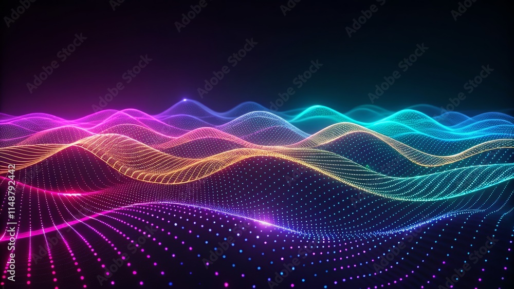 Vibrant Digital Waves of Particles in Motion with Colorful Lights Vibrant Digital Waves of Particles in Motion with Colorful Lights