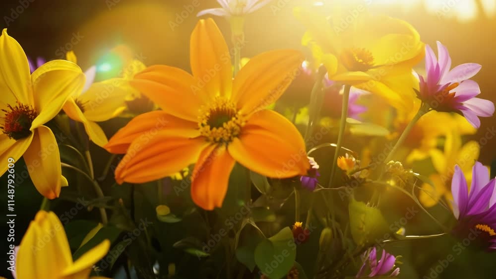 Close-up shot of Bright and cheerful wildflowers in various colors basking under warm golden sunlight, conveying the essence of nature's beauty in spring Close-up shot of Bright and cheerful wildflowers in various colors basking under warm golden sunlight, conveying the essence of nature's beauty in spring