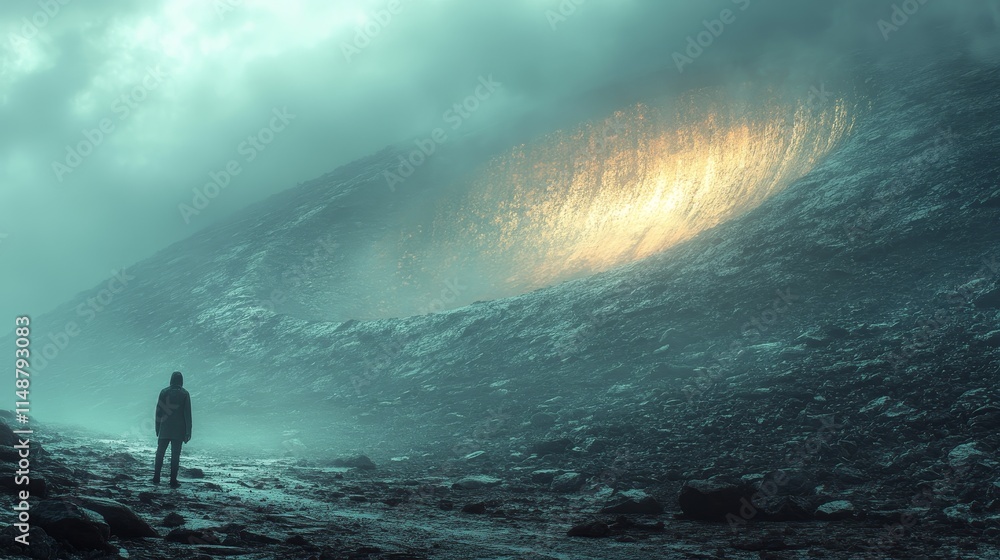 A man stands on a rocky hillside, looking out over a large A man stands on a rocky hillside, looking out over a large