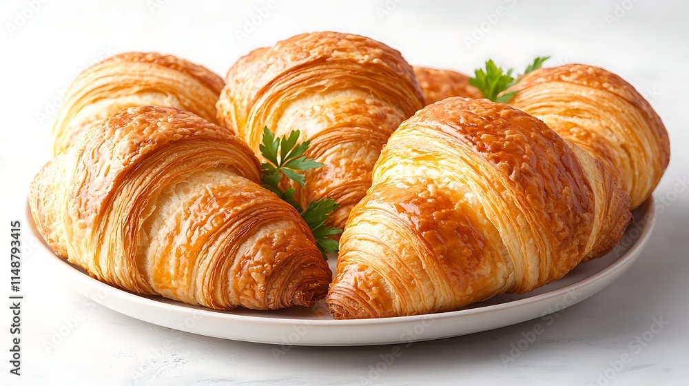 Golden Brown Croissants on a Plate, Freshly Baked Pastry Golden Brown Croissants on a Plate, Freshly Baked Pastry