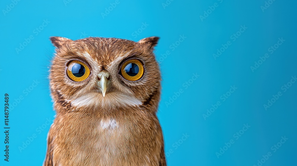 Fototapeta premium Close-up of an owl with bright yellow eyes against a vibrant blue background.