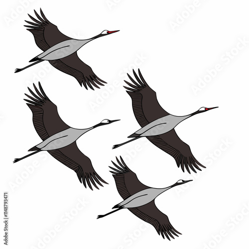 A flock of cranes flying in formation, captured during migration, symbolizing freedom and nature's beauty