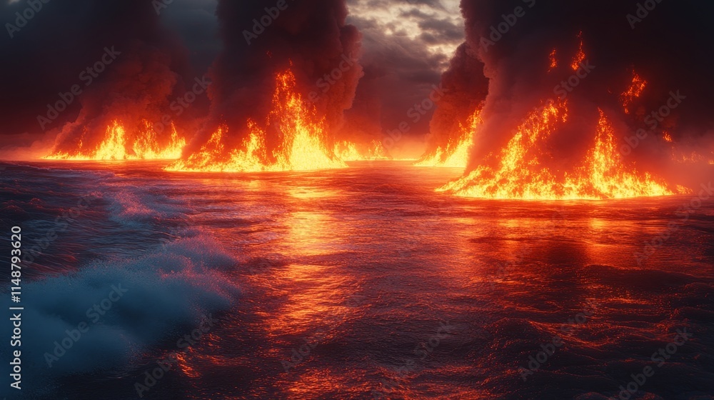 A fiery scene of a volcano erupting in the ocean A fiery scene of a volcano erupting in the ocean