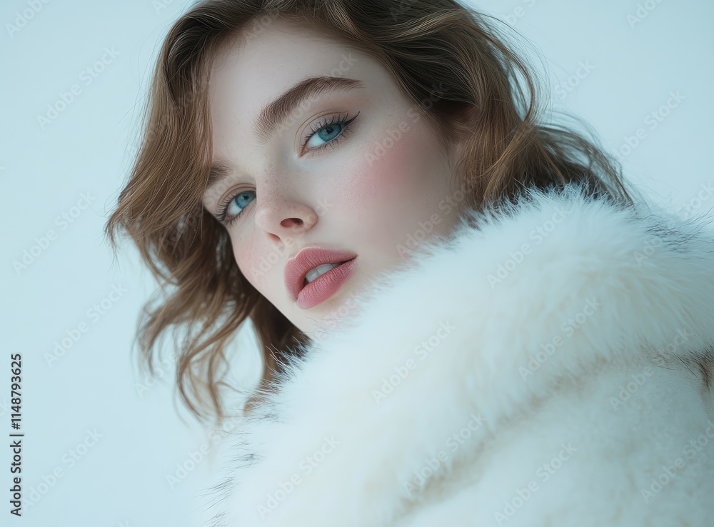 A beautiful woman in a white fur coat, with stunning makeup, in a fashion photo shoot A beautiful woman in a white fur coat, with stunning makeup, in a fashion photo shoot