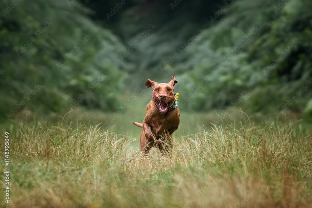 Wired hair Vizsla dog at Virginia Water on a run Wired hair Vizsla dog at Virginia Water on a run
