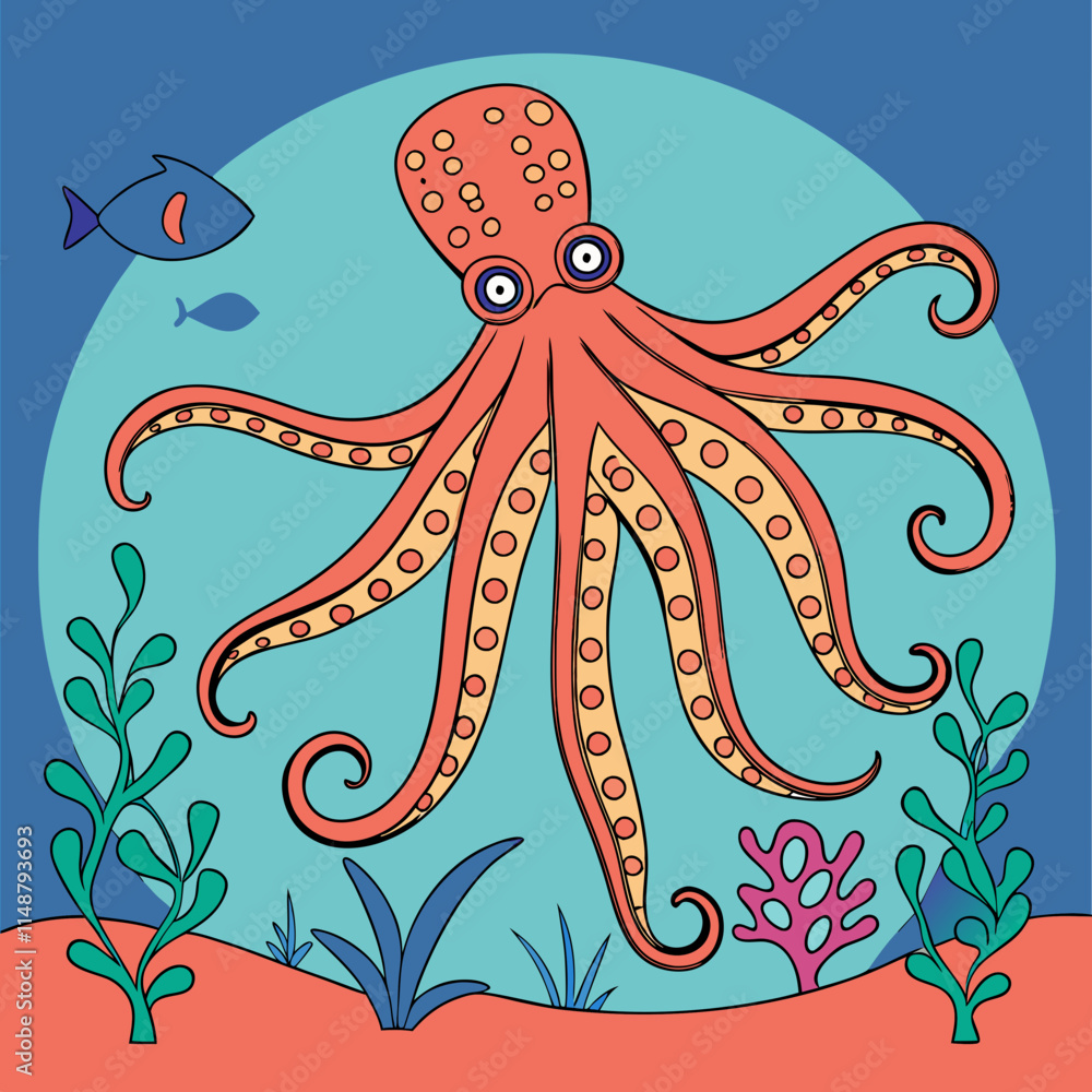 A giant Pacific octopus walks gracefully through a vibrant coral reef, showcasing its beauty and underwater wonder A giant Pacific octopus walks gracefully through a vibrant coral reef, showcasing its beauty and underwater wonder
