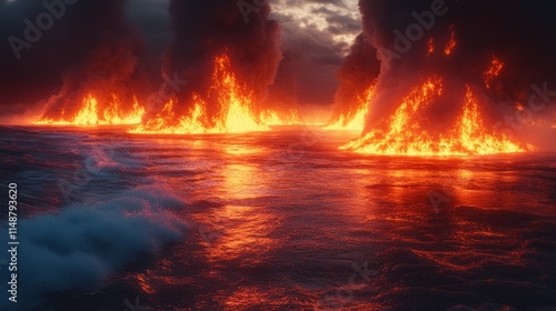 A fiery scene of a volcano erupting in the ocean