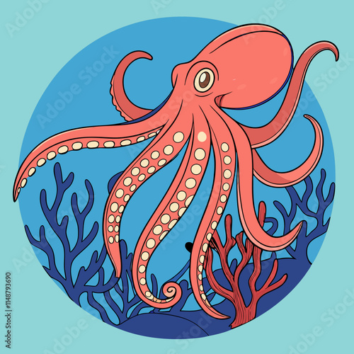  A giant Pacific octopus walks gracefully through a vibrant coral reef, showcasing its beauty and underwater wonder