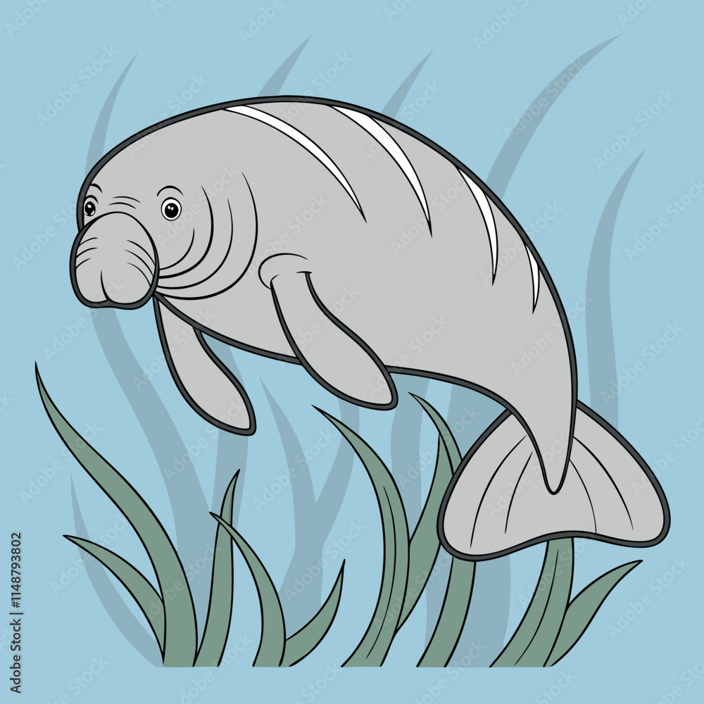 Vector artwork of a manatee grazing on seagrasses underwater, perfect for marine and wildlife-themed designs. Vector artwork of a manatee grazing on seagrasses underwater, perfect for marine and wildlife-themed designs.