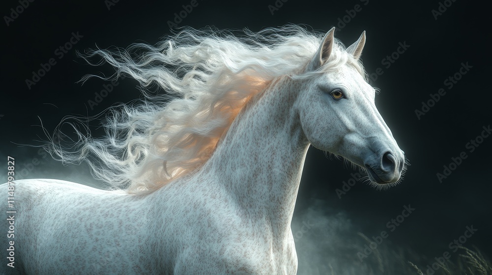 Obraz premium A white horse with long hair is running through a field
