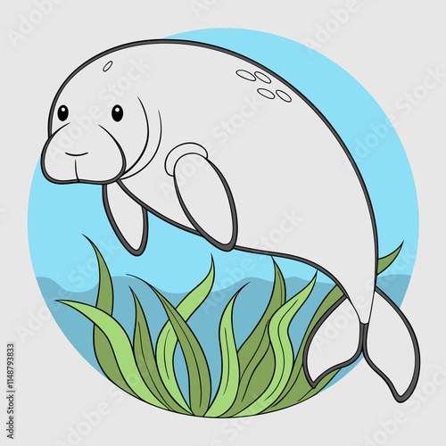 Vector artwork of a manatee grazing on seagrasses underwater, perfect for marine and wildlife-themed designs.