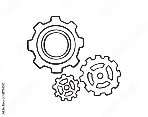 cogs and gears doodle hand drawn icon. Outline drawing settings three cogs and gears line clipart symbol