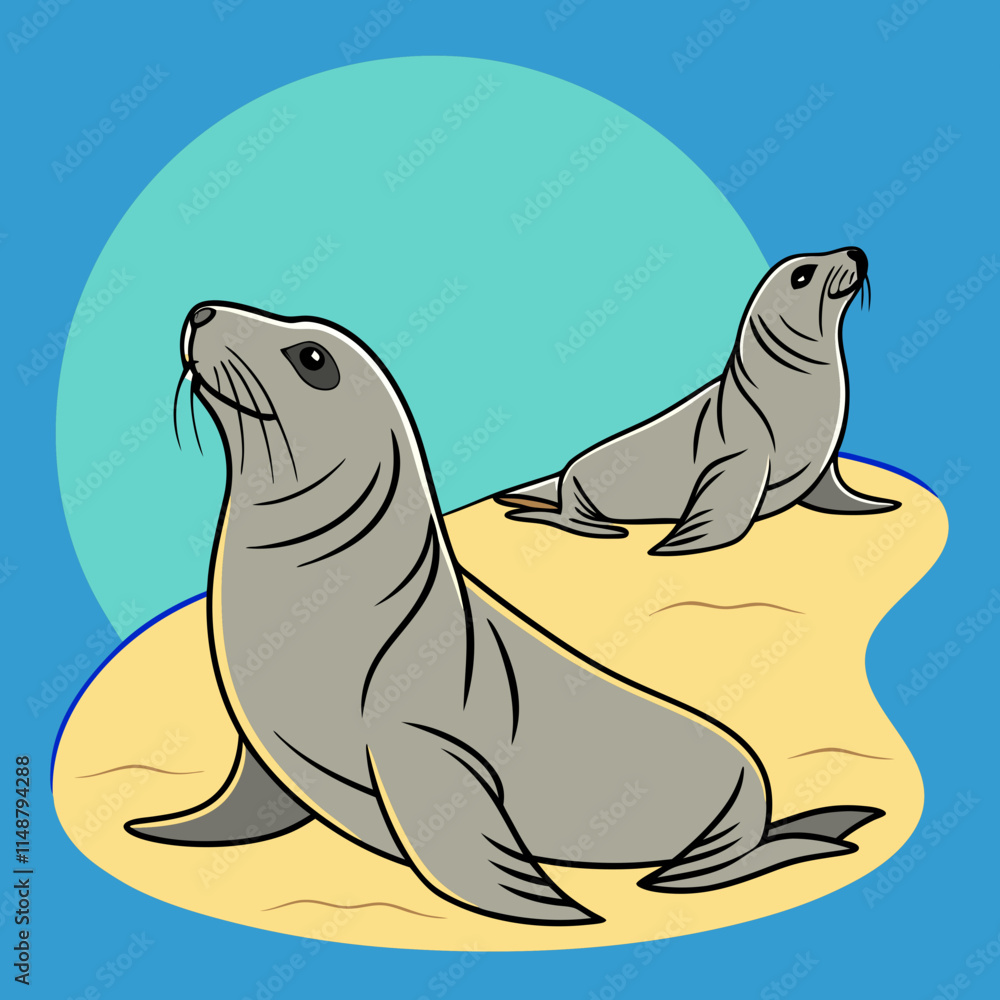 Vector artwork of elephant seals sunbathing on the beach, perfect for use in digital and print projects. Vector artwork of elephant seals sunbathing on the beach, perfect for use in digital and print projects.