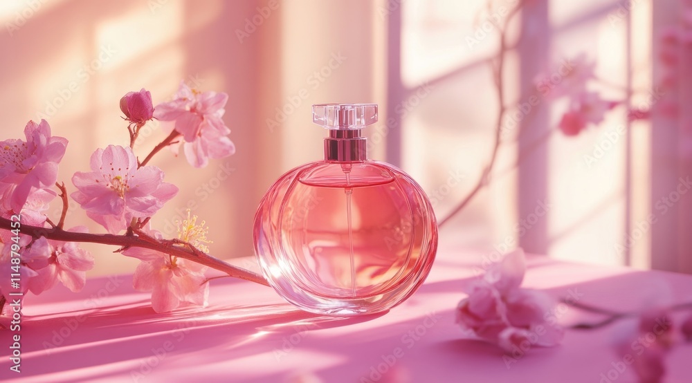 Pink perfume bottle with cherry blossoms. Pink perfume bottle with cherry blossoms.