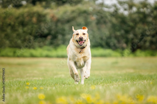 Yellow Labrador having fun at Ascot Heath in the summer on a run