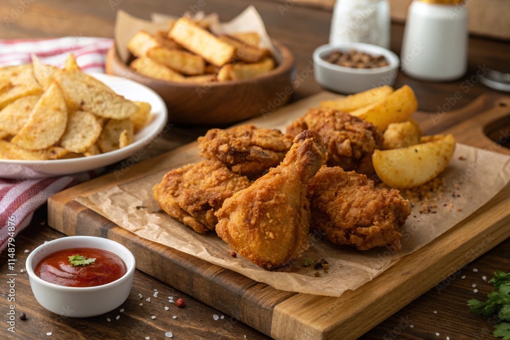 Fried chicken wings and potatoes on a wooden table. Crispy Breaded Kentucky Fried Chicken Fried chicken wings and potatoes on a wooden table. Crispy Breaded Kentucky Fried Chicken
