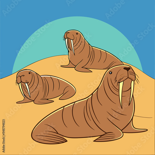 Vector artwork of walruses sunbathing on a beach, featuring vibrant colors and playful design, perfect for creative projects and digital decor