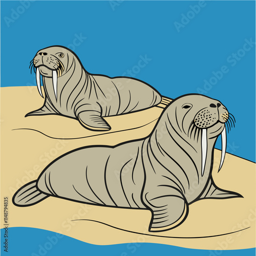 Vector artwork of walruses sunbathing on a beach, featuring vibrant colors and playful design, perfect for creative projects and digital decor