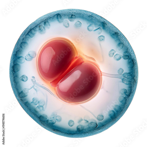 Two-cell embryo developing, showing blastomeres undergoing cleavage process on transparent background photo