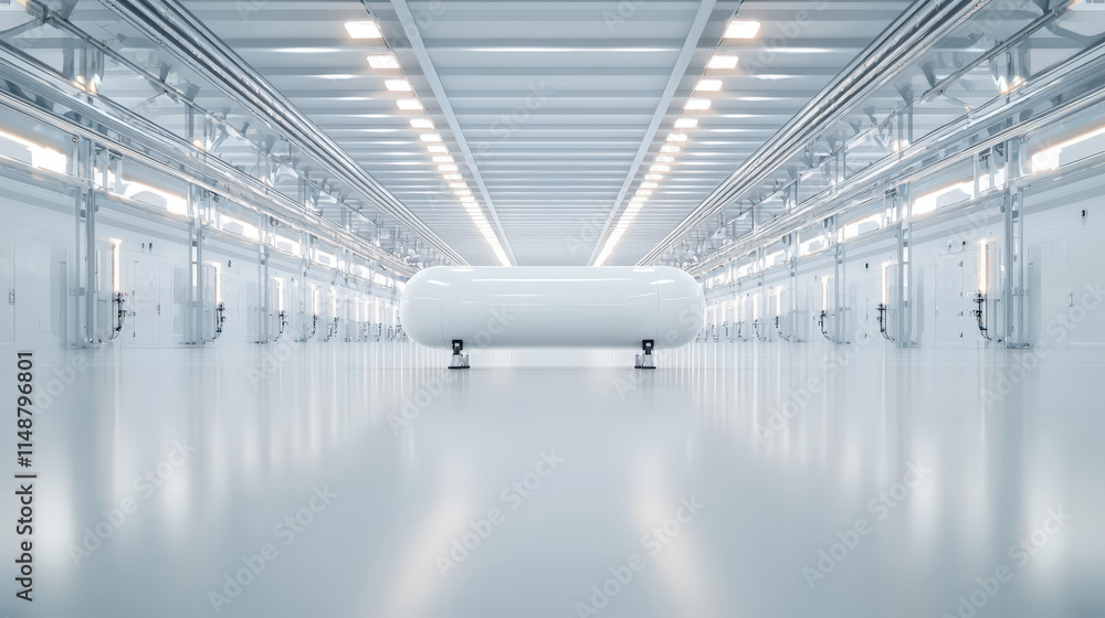 Naklejka premium Modern clean room interior with futuristic white cylindrical structure in a spacious industrial facility, illuminated with bright ceiling lights and sleek design
