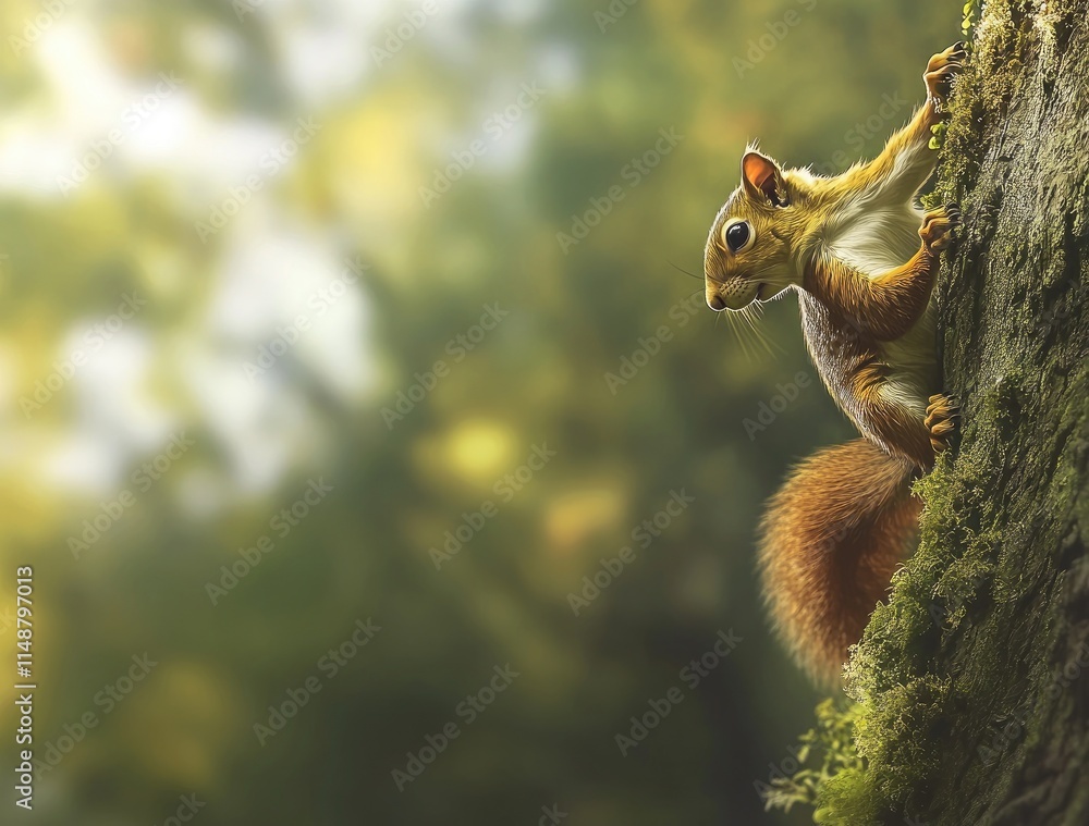 A red squirrel climbing up the side of an oak tree, with moss on its head and body. A red squirrel climbing up the side of an oak tree, with moss on its head and body.