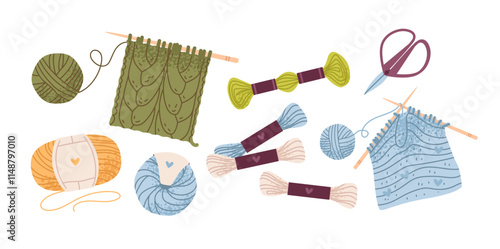 Crafting, handmade. Knitting tool with cozy yarn balls, needles, and handmade elements. A warm, leisurely hobby. Flat vector set.