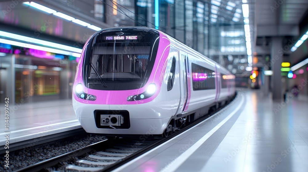 Fototapeta premium Modern pink and white train at a futuristic station.