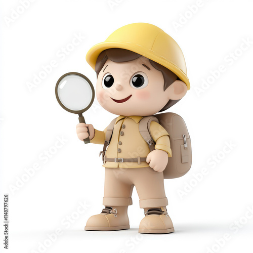 Cheerful cartoon boy in explorer outfit holding magnifying glass, wearing yellow hard hat, with backpack, smiling, ready for adventure in nature, exploration concept