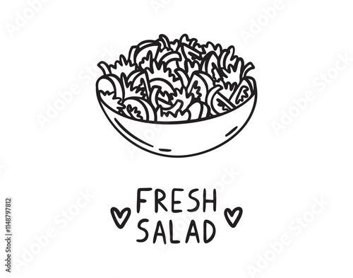 Bowl of salad doodle hand drawn icon. Outline drawing bowl of fresh salad line clipart symbol