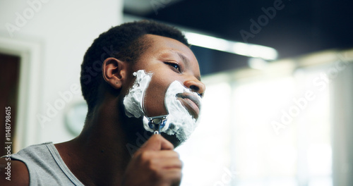 Cuadro en lienzo Black man, shave and razor with face cream for grooming, epilation or hair removal in bathroom at home