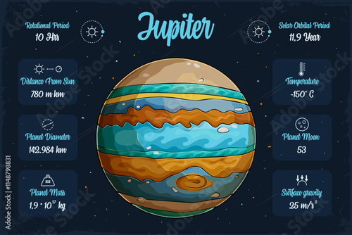 Hand drawn massive surface-less stripy Jupiter planet in space with its scientifical characteristic
