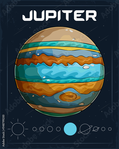 Hand drawn massive surface-less stripy Jupiter planet in the universe in orbit around the Sun.