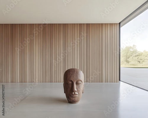 A minimalist interior featuring a wooden head sculpture on a polished floor. photo